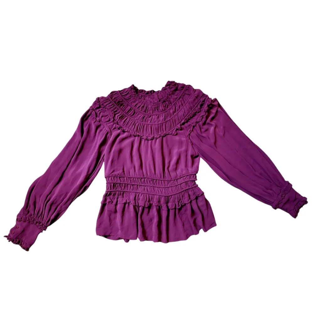 Farm Rio Plum Ruffle Blouse M | Romantic Boho Chic Long Sleeve Flowy Top - Picture 4 of 9